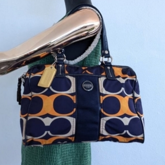 🍍Coach Signature Stripe Satchel Navy and Orange Shoulder Bag - Picture 10 of 11
